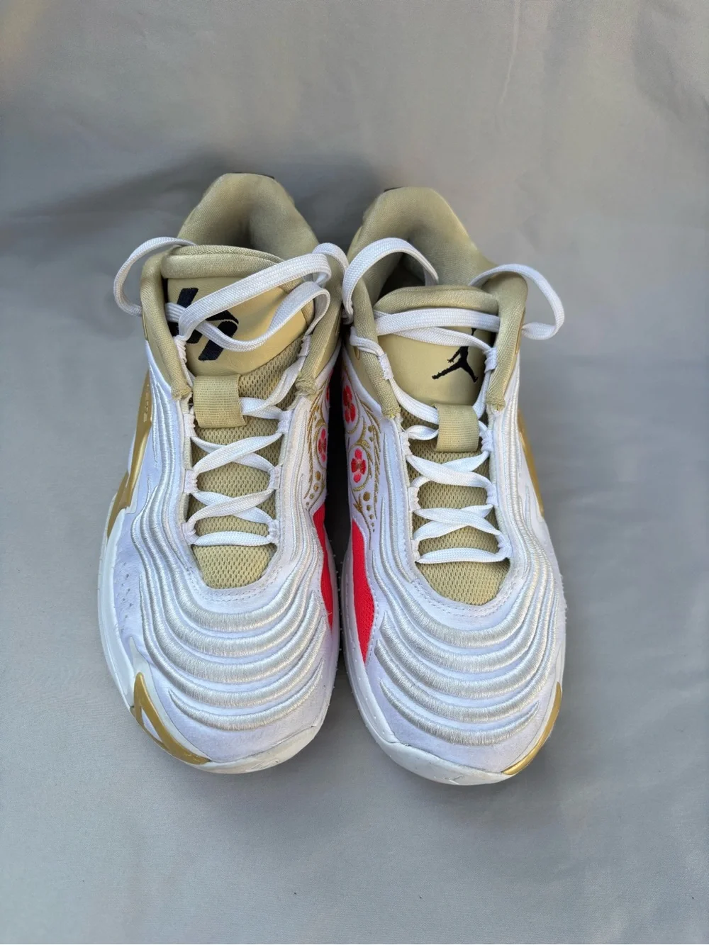 Jordan Men's White Sneakers with Pink Floral and Gold Accents